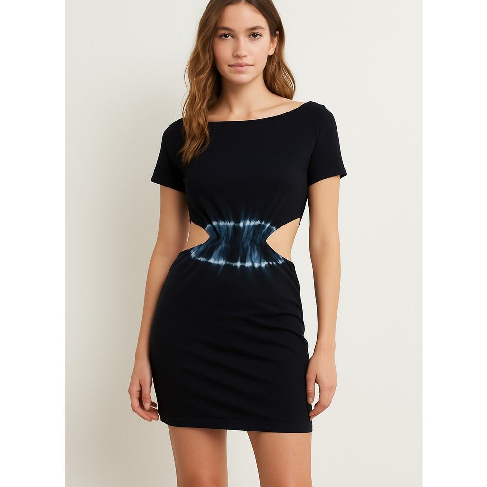 LNA Clothing SZ M Cotton Black Short Sleeve Dress Tie Dye Waist Open Back NWT